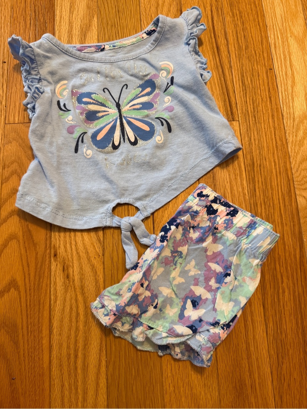Light Blue Butterfly Tie-Front Top & Pastel Butterfly Shorts Set for Kids